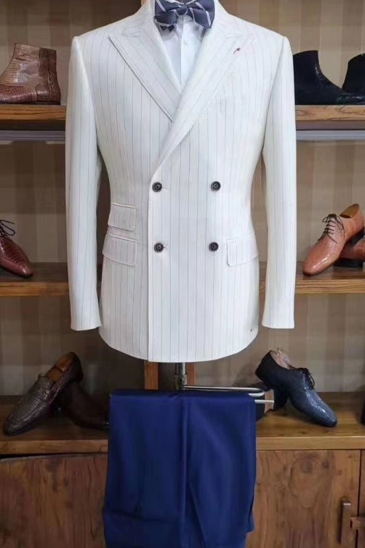 White Striped Double-Breasted Peaked Lapel Prom Suit with Blue Pants