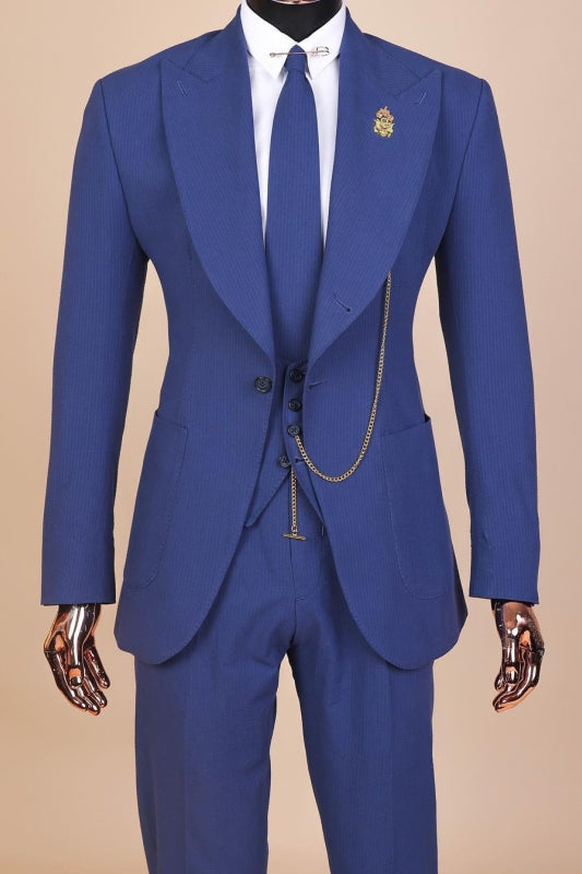 Navy Blue Three-Piece Peaked Lapel Prom Suit