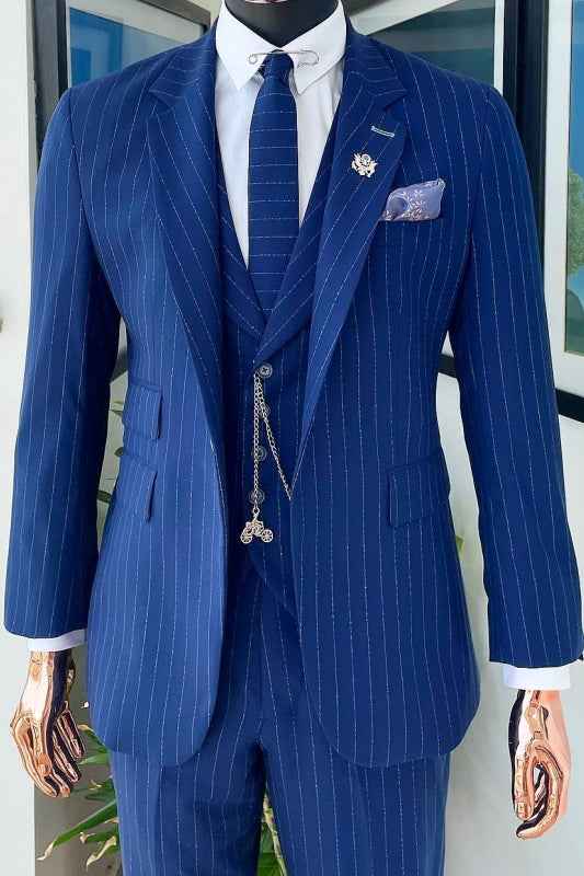 Blue Striped Three-Piece Peaked Lapel Business Suit