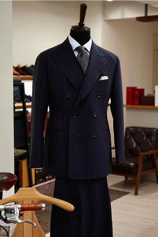 Black Striped Double-Breasted Peaked Lapel Business Suit