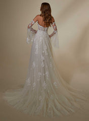 Sweetheart Long Sleeves Lace Wedding Dresses With Detachable Train