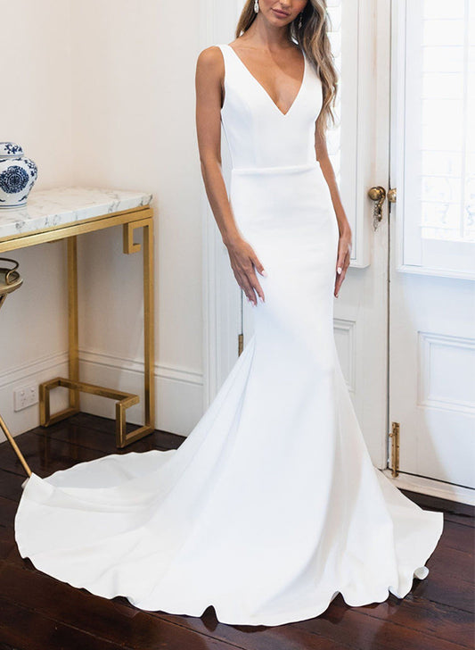 Satin Wedding Dresses - Elegant Trumpet/Mermaid V-Neck Sleeveless