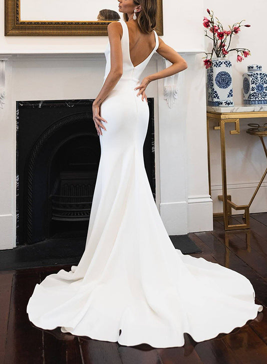 Satin Wedding Dresses - Elegant Trumpet/Mermaid V-Neck Sleeveless