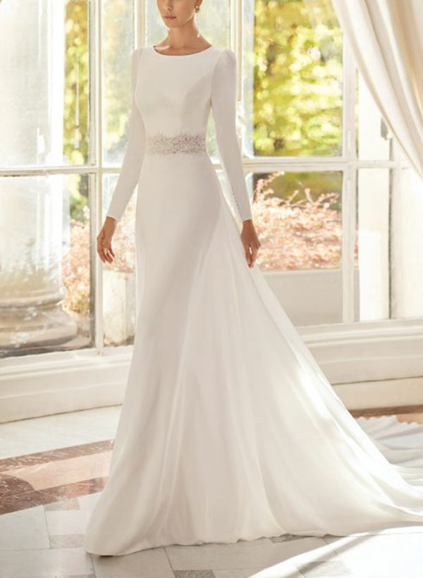 A-Line Scoop Neck Long Sleeves Court Train Elastic Satin Wedding Dresses With Lace: