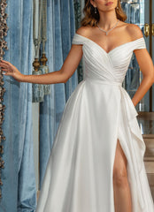 Off-The-Shoulder A-Line Pleated Wedding Dress With Split Front