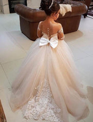 Long Sleeves Tulle Appliques A Line Flower Girl Dress with Bowknot