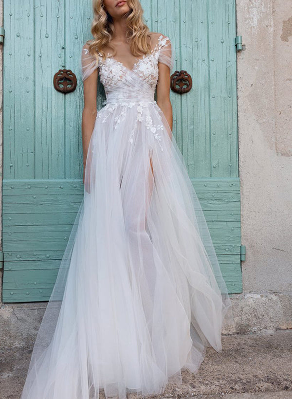 Boho A-Line V-Neck Short Sleeves Lace and Tulle Wedding Dresses With Front Split