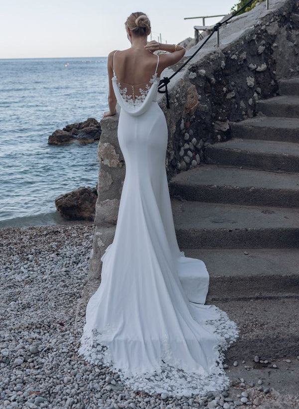 Elegant Trumpet Mermaid V-Neck Jersey Wedding Dresses With Appliques Lace