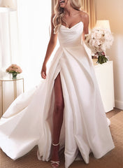 Sweetheart Satin Sweep Train Wedding Dresses With Split Front