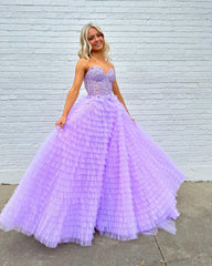 Lilac A Line Tiered Sweetheart Long Corset Prom Dress with Ruffles