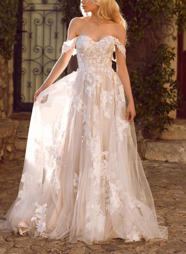 Off-The-Shoulder Tulle Lace Wedding Dress With Appliques Lace