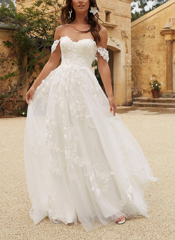 Off-The-Shoulder Tulle Lace Wedding Dress With Appliques Lace