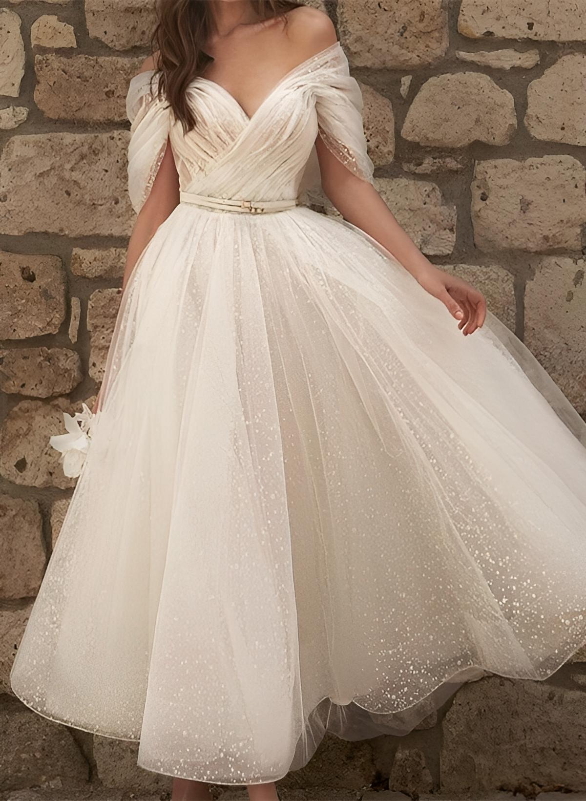 Off-The-Shoulder A-Line Tea-Length Tulle Wedding Dress