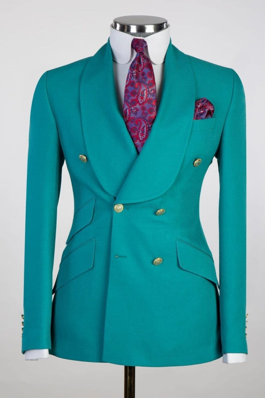 Newest Turquoise Shawl Lapel Double Breasted Wedding Suit