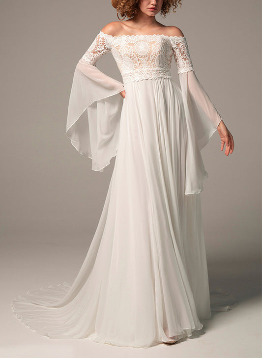 Off-The-Shoulder A-Line Wedding Dress with Long Sleeves in Chiffon/Lace