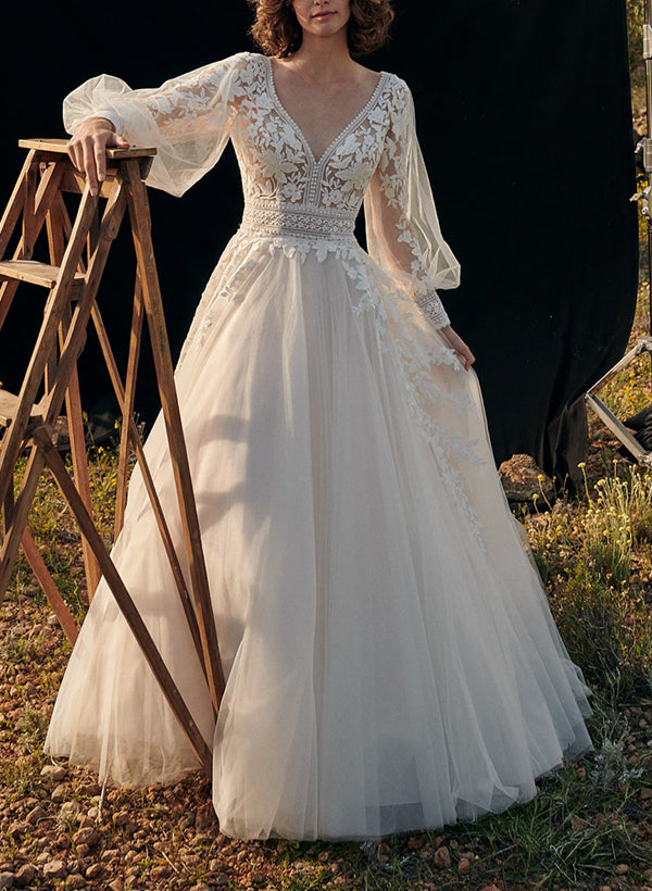 A-Line V-Neck Long Sleeves Lace/Tulle Wedding Dresses