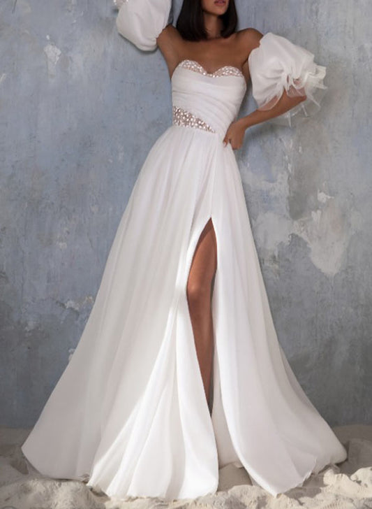 Sweetheart Short Sleeves Court Train Tulle Wedding Dress with Split Front