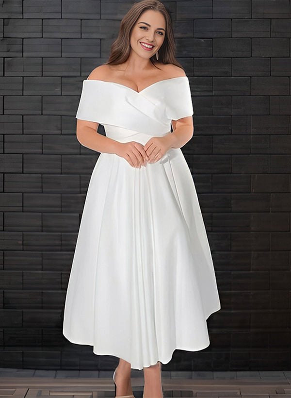 Off-The-Shoulder Sleeveless Satin Tea-Length Wedding Dress