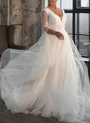 A-Line V-Neck Long Sleeves Sweep Train Tulle Wedding Dresses for Plus Size