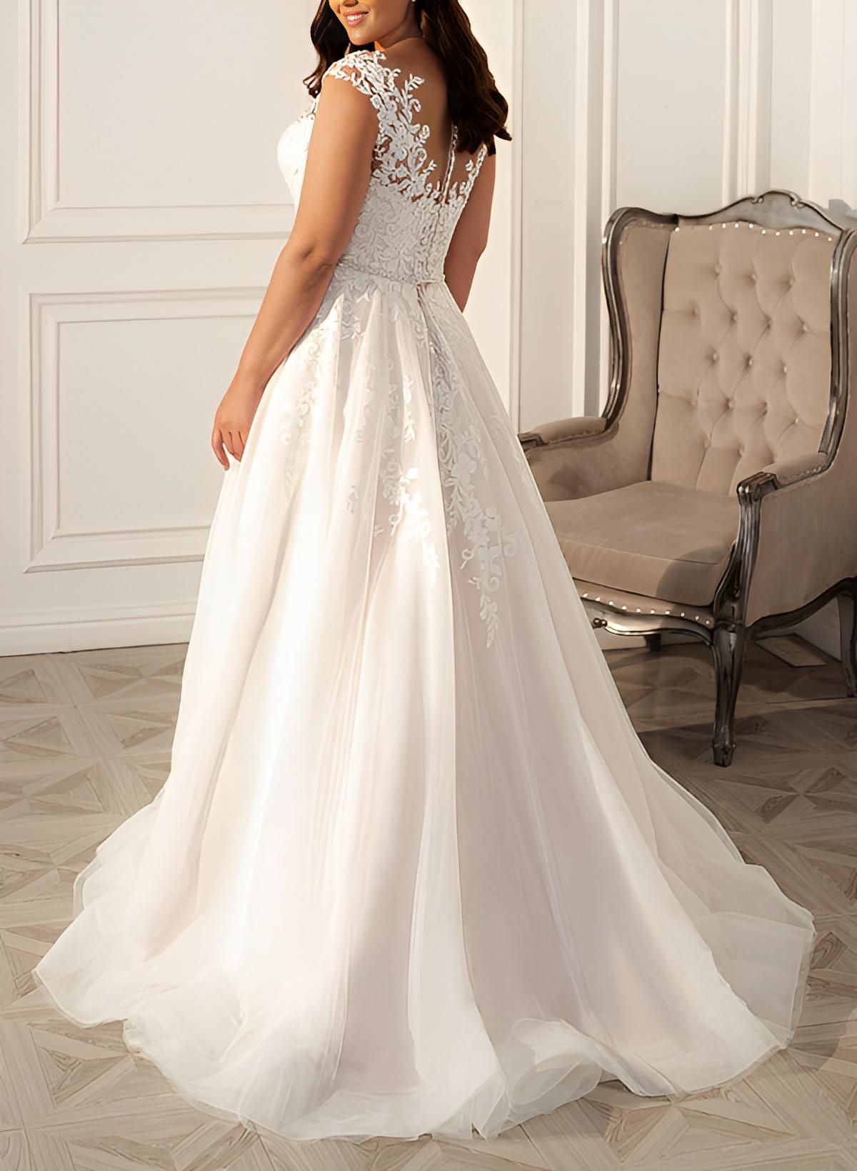 A-Line Illusion Neck Sleeveless Sweep Train Lace Wedding Dress for Plus Size