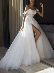 Off-The-Shoulder Lace/Tulle Wedding Dress With Split Front