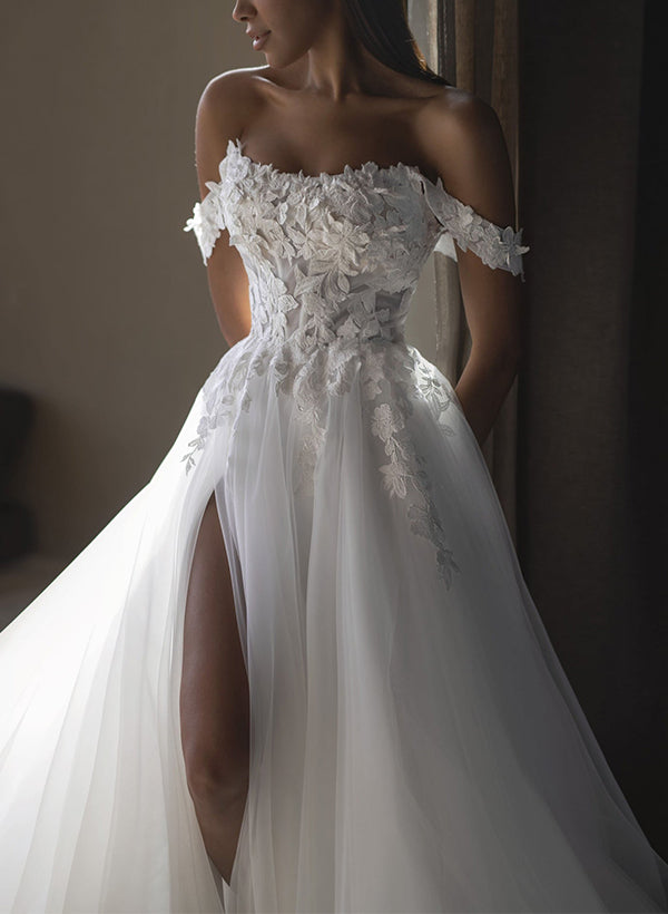 Off-The-Shoulder Lace/Tulle Wedding Dress With Split Front