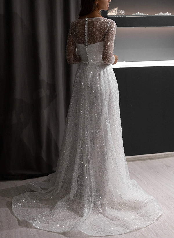 Illusion Neck Long Sleeves Sweep Train Sequined Wedding Dresses