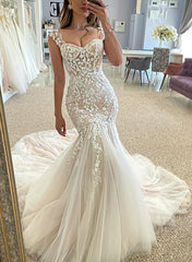 Trumpet Mermaid Sweetheart Sleeveless Lace Tulle Wedding Dresses