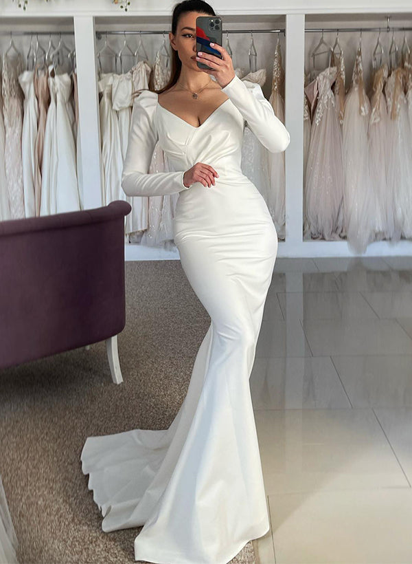 Trumpet Mermaid V Neck Long Sleeves Sweep Train Satin Wedding Dresses