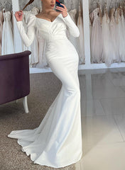 Trumpet Mermaid V Neck Long Sleeves Sweep Train Satin Wedding Dresses