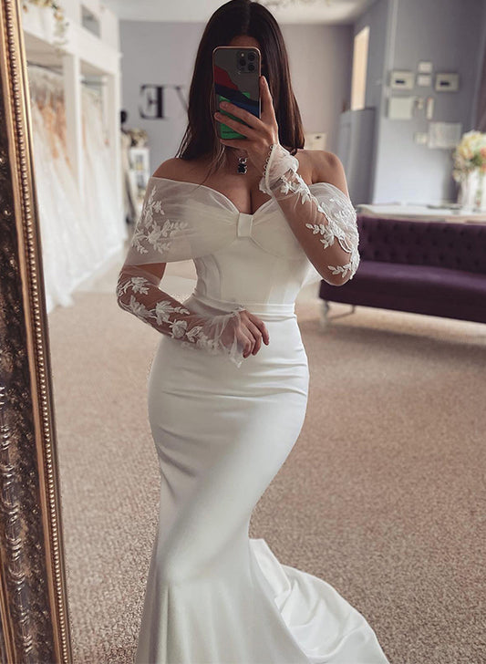 Off-The-Shoulder Long Sleeves Lace/Elastic Satin Wedding Dresses for Mermaids