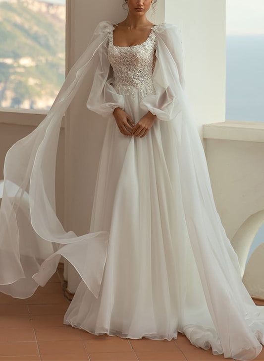 A-Line Square Neckline Long Sleeves Lace/Tulle Bridal Gowns