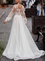 Elegant A-Line Long Sleeves Sweep Train Lace Tulle Wedding Dresses