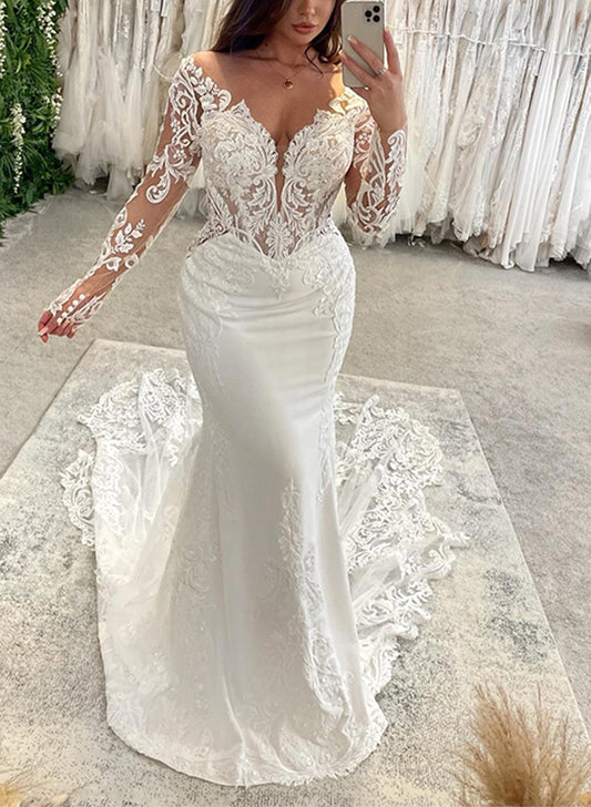 Off-The-Shoulder Long Sleeves Lace Wedding Dresses - Trumpet/Mermaid