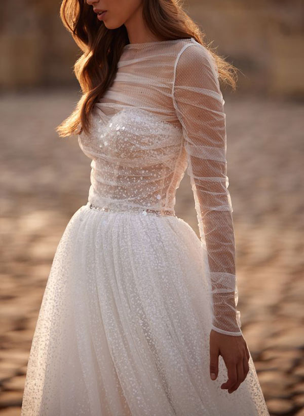 Illusion Neck A-Line Wedding Dress with Long Sleeves and Sweep Train in Tulle/Sequined