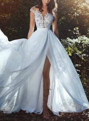 Illusion Neck Sleeveless Lace/Tulle Wedding Dresses With Split Front