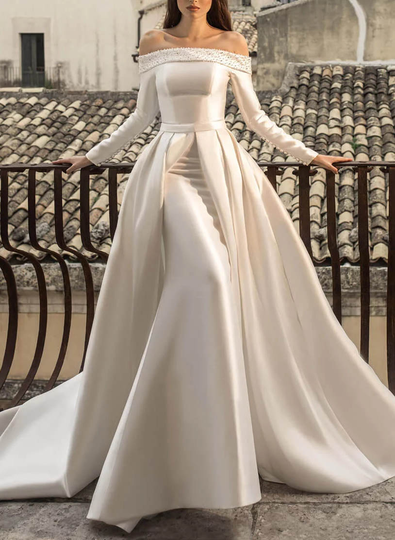 Off-The-Shoulder Long Sleeves Pearl Detachable Wedding Dress