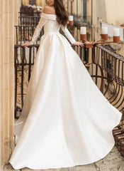 Off-The-Shoulder Long Sleeves Pearl Detachable Wedding Dress