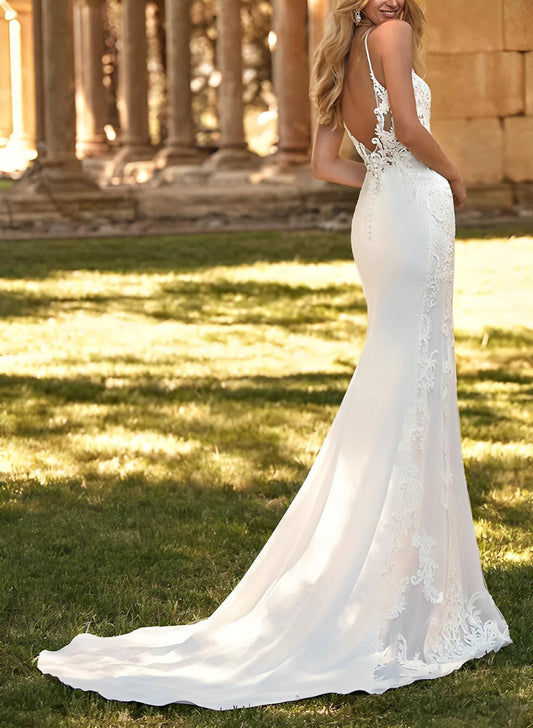 V-Neck Sleeveless Court Train Elegant Wedding Dresses With Appliques Lace