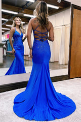 Royal Blue Sequins V-Neck Spaghetti Strap Evening Dress