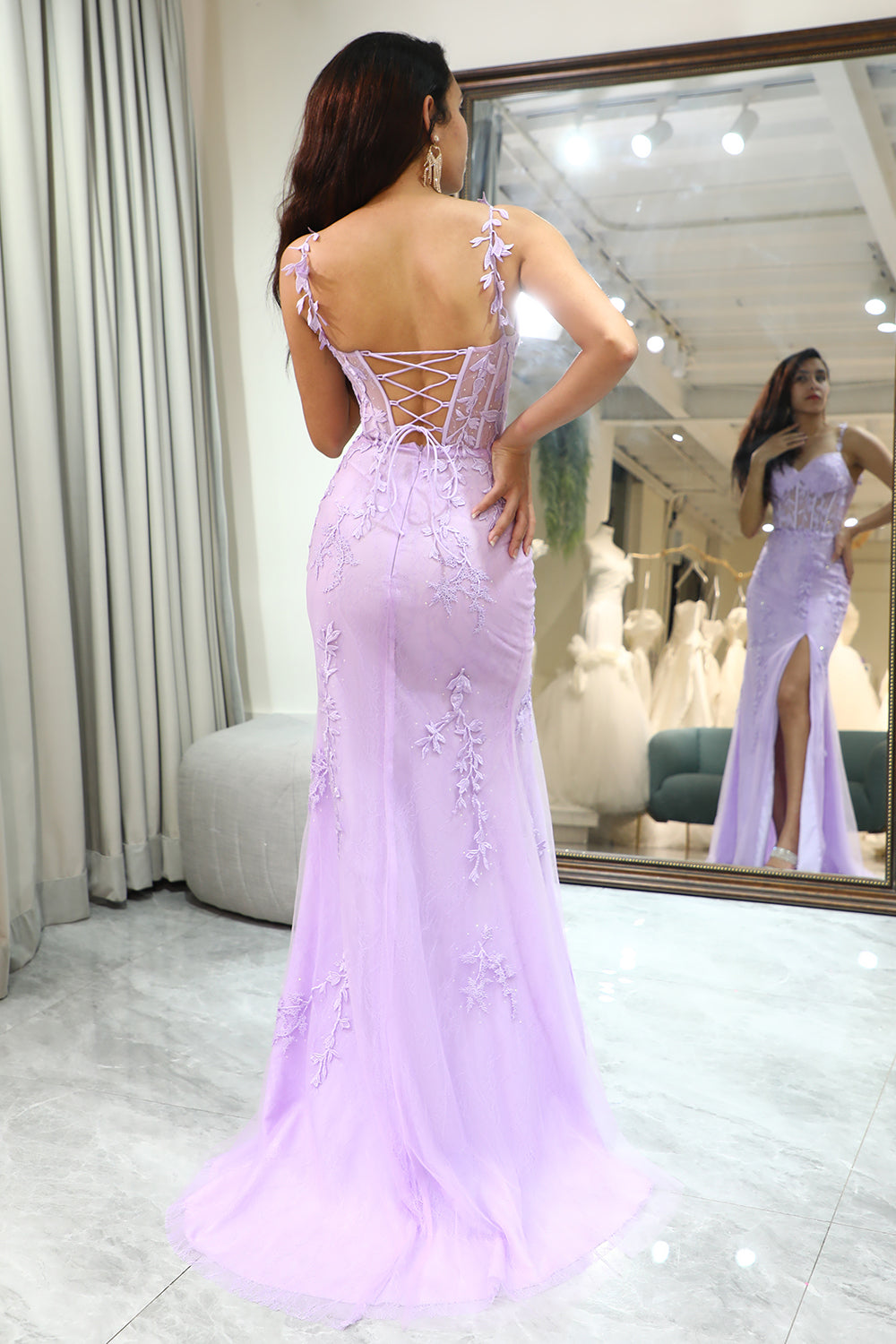 Lilac Mermaid Long Corset Appliqued Prom Dress With Slit