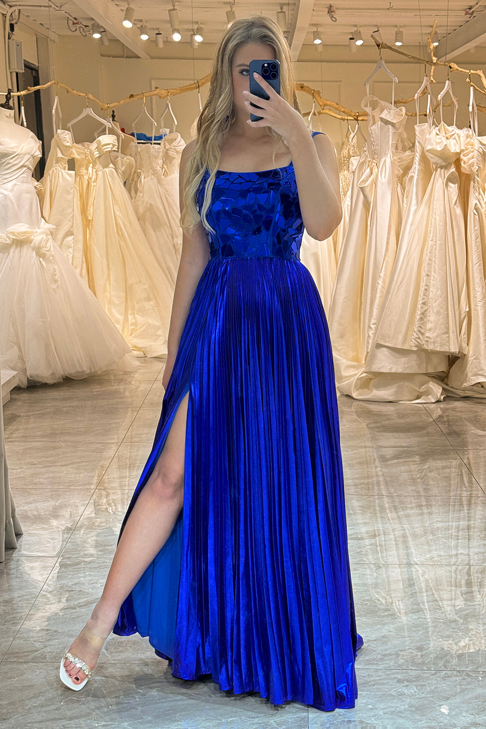 Royal Blue Long Mirror Prom Dress With Slit