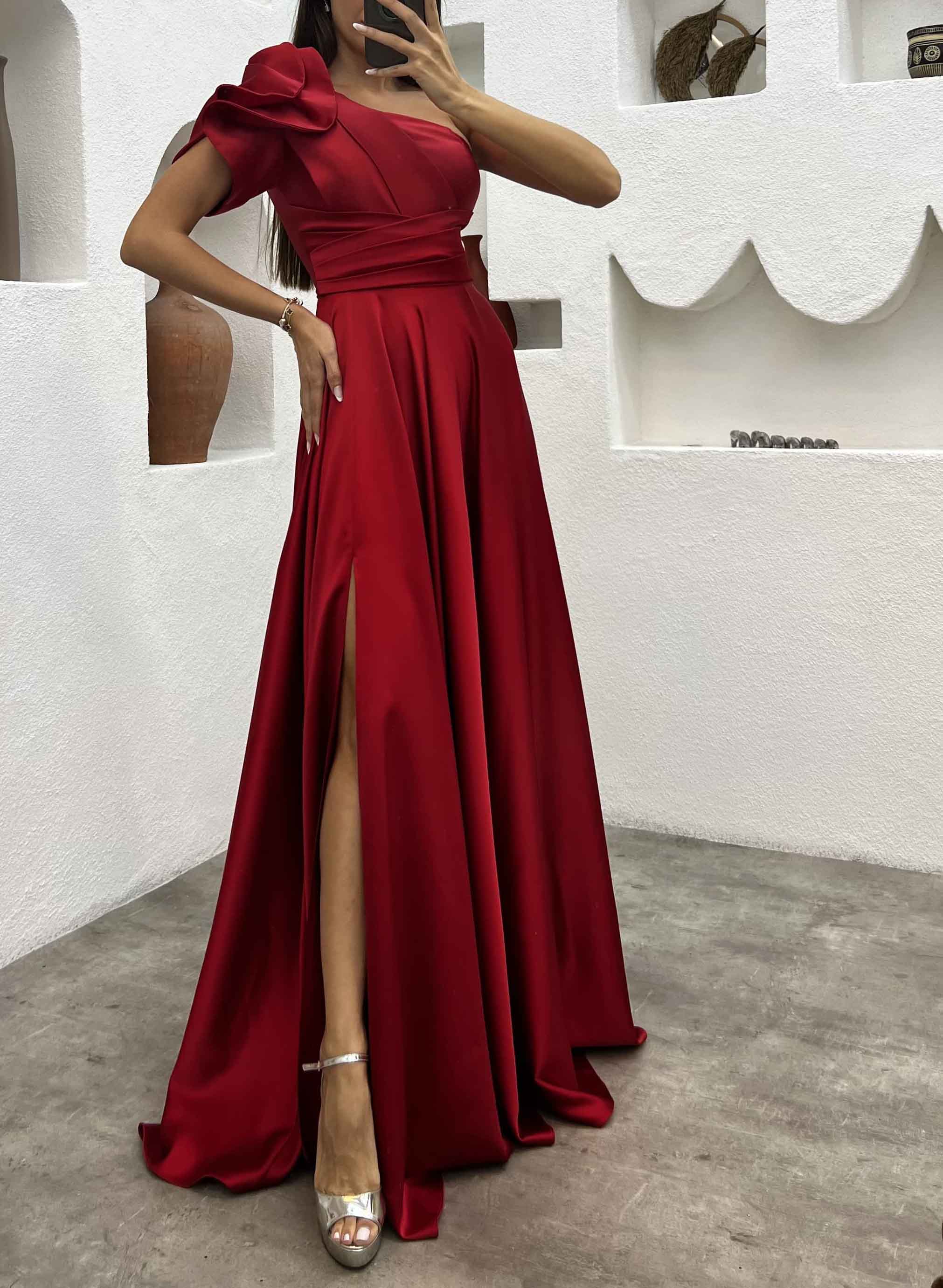 One-Shoulder A-Line Satin Bridesmaid Dress with Ruffle Short Sleeves Sweep Train