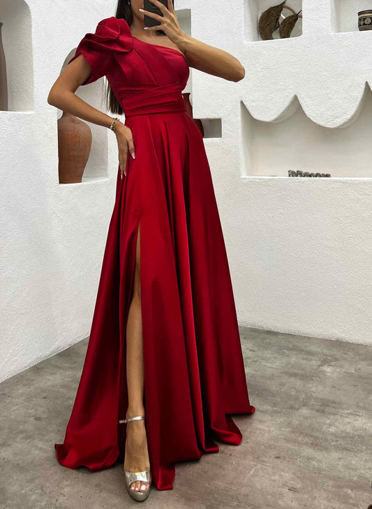 One-Shoulder A-Line Satin Bridesmaid Dress with Ruffle Short Sleeves Sweep Train