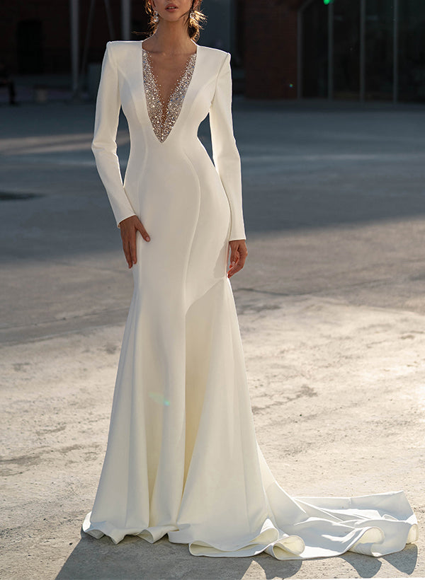 Elastic Satin/Sequined Wedding Dresses- Trumpet/Mermaid V-Neck with Long Sleeves