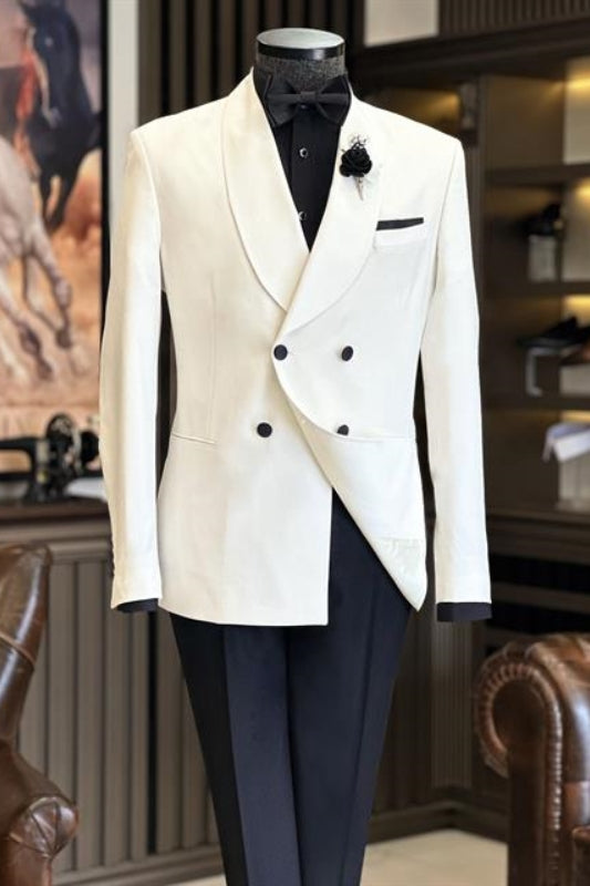 Simple White Shawl Lapel Double Breasted Wedding Suit for Men