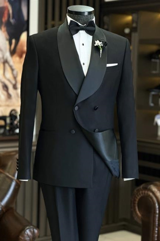 Fashion Black Shawl Lapel Double Breasted Wedding Suit