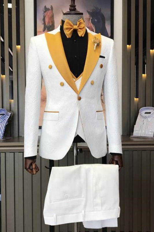 Modern White 3-Piece Jacquard Wedding Suit with Yellow Peaked Lapel