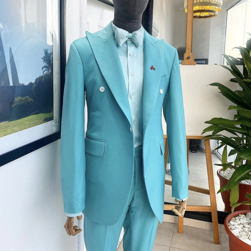 Modern Sky Blue Peaked Lapel 2-Piece Prom Suit