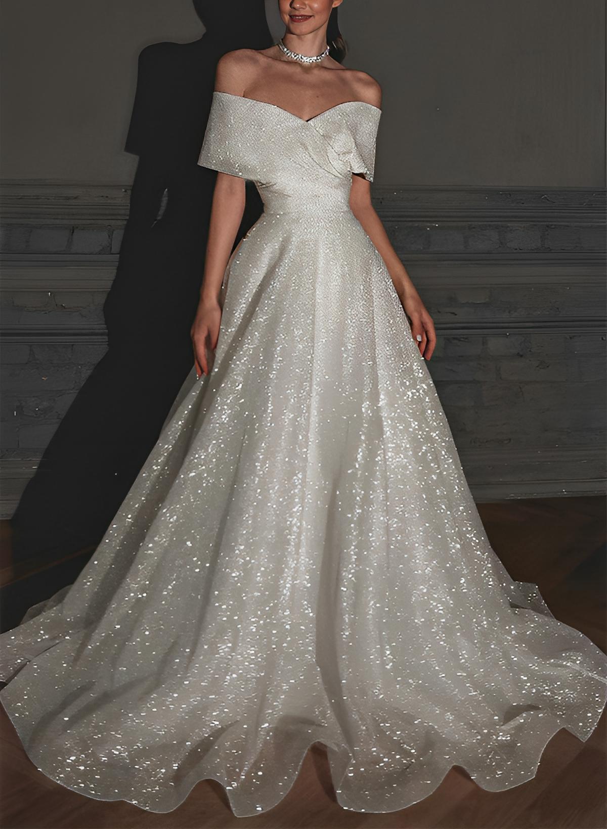 Off-The-Shoulder Sleeveless A-Line Wedding Dress with Sweep Train and Sequin Detail